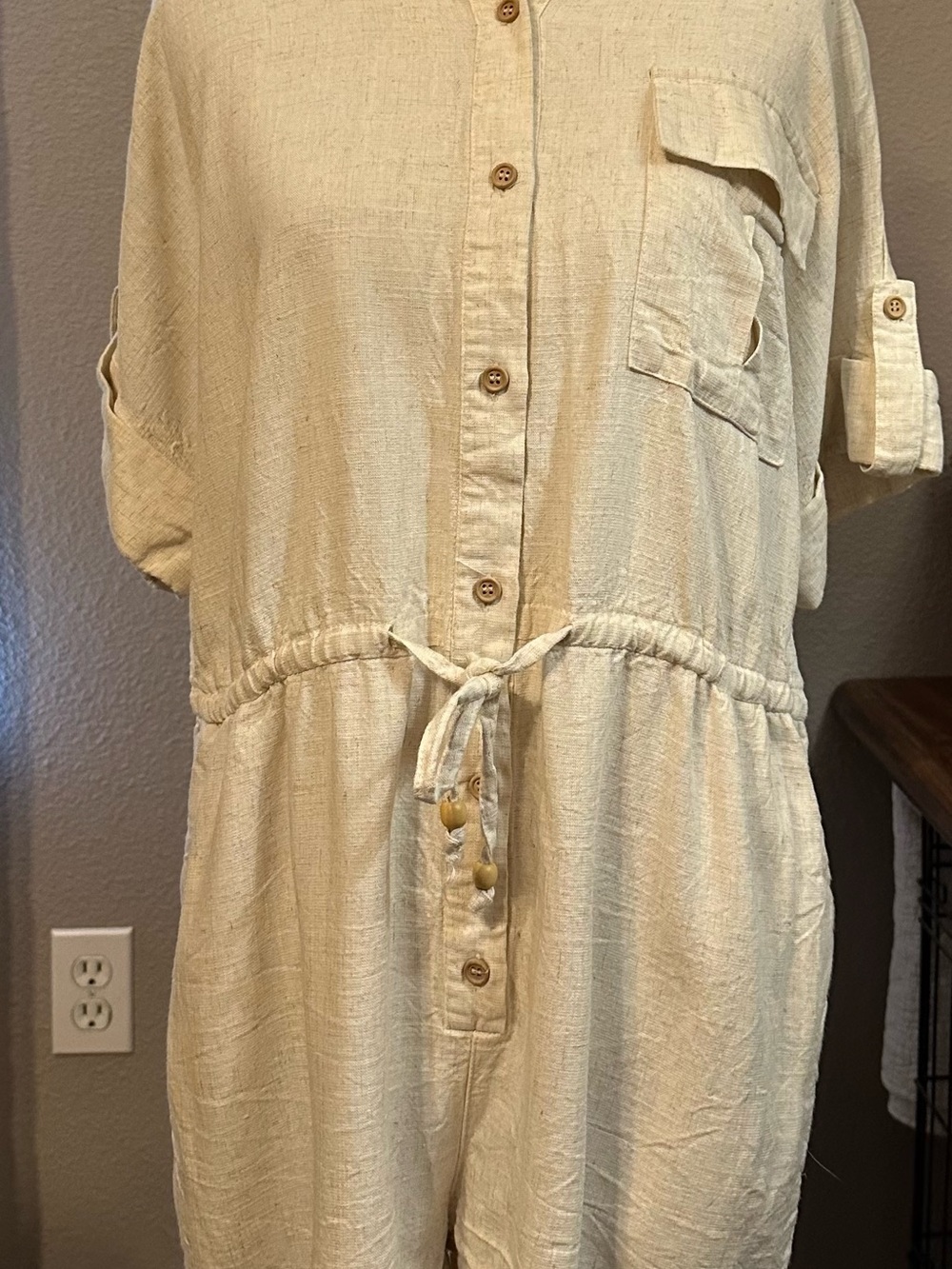 Aakaa Cream Button-Front Utility Jumpsuit with Pockets